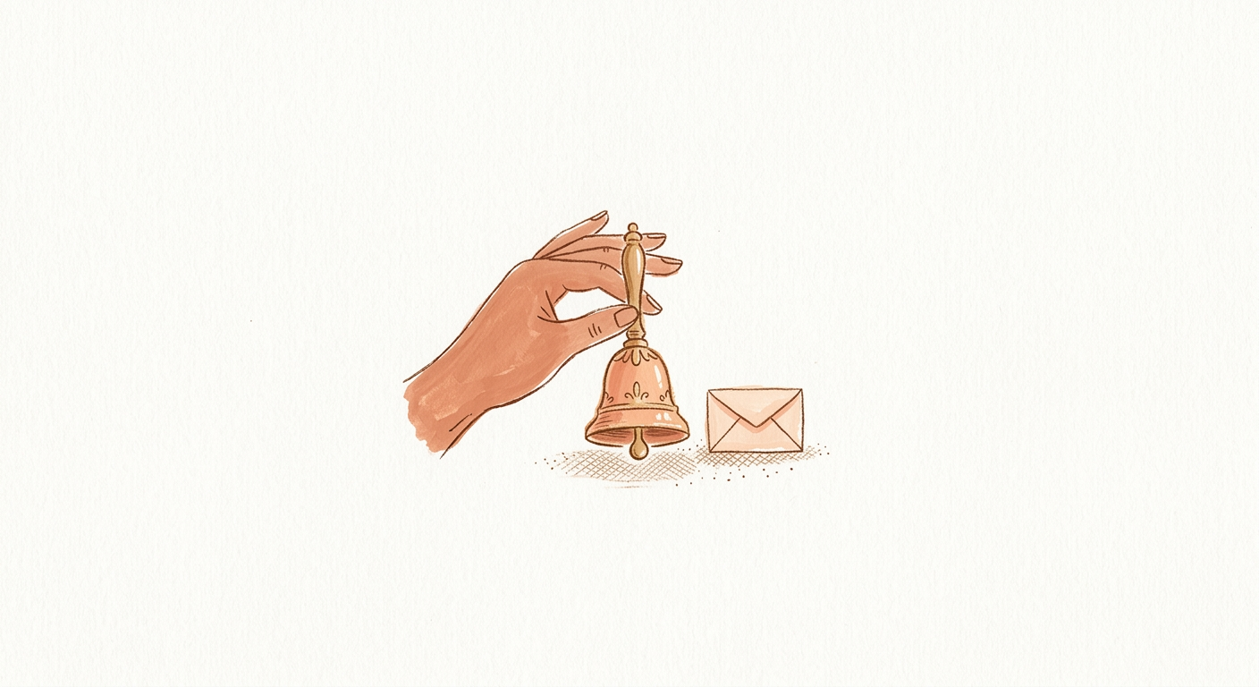 Illustration of a hand ringing a small bell beside an envelope