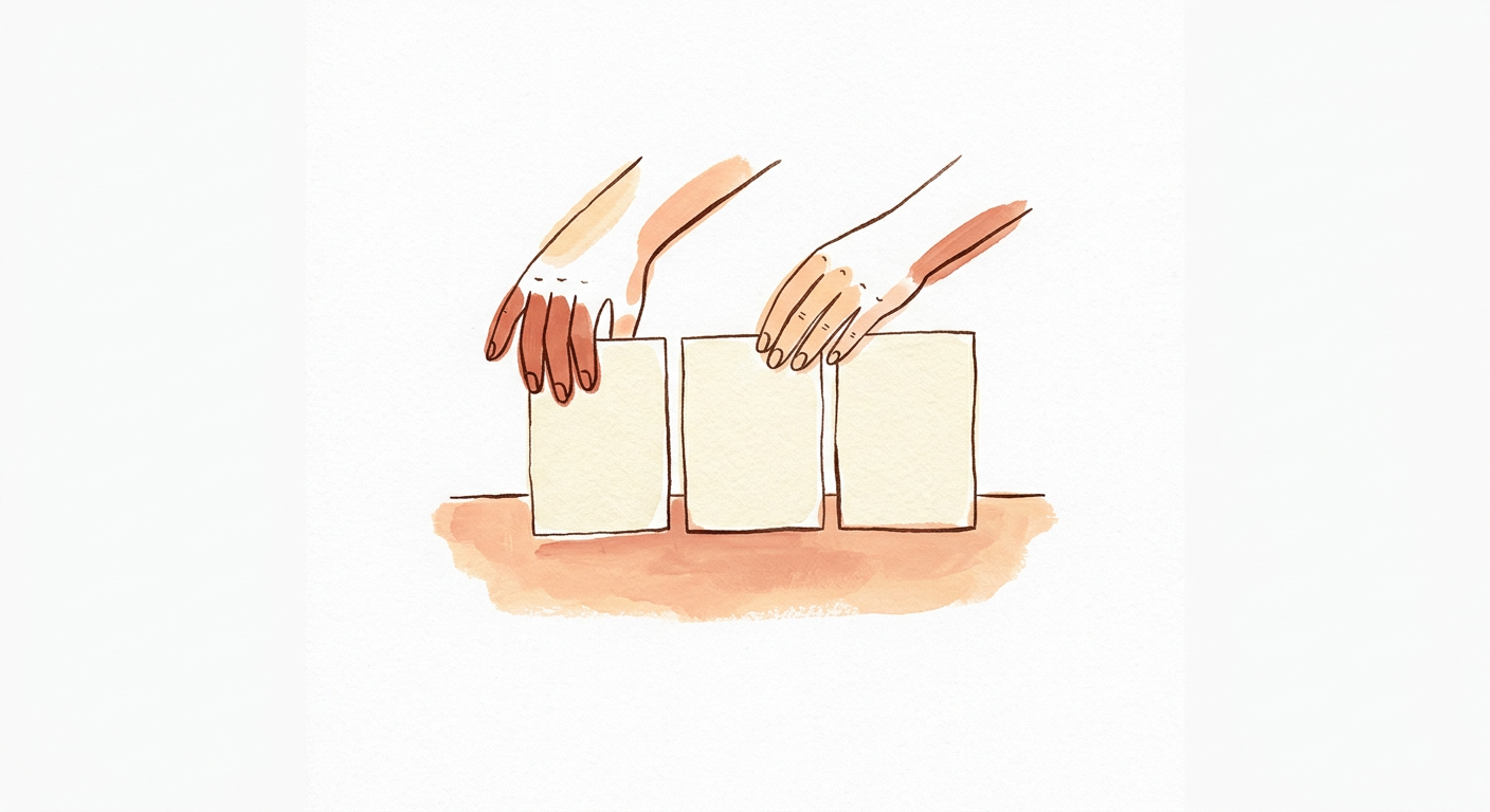 Illustration of two hands lining up three cards in a row