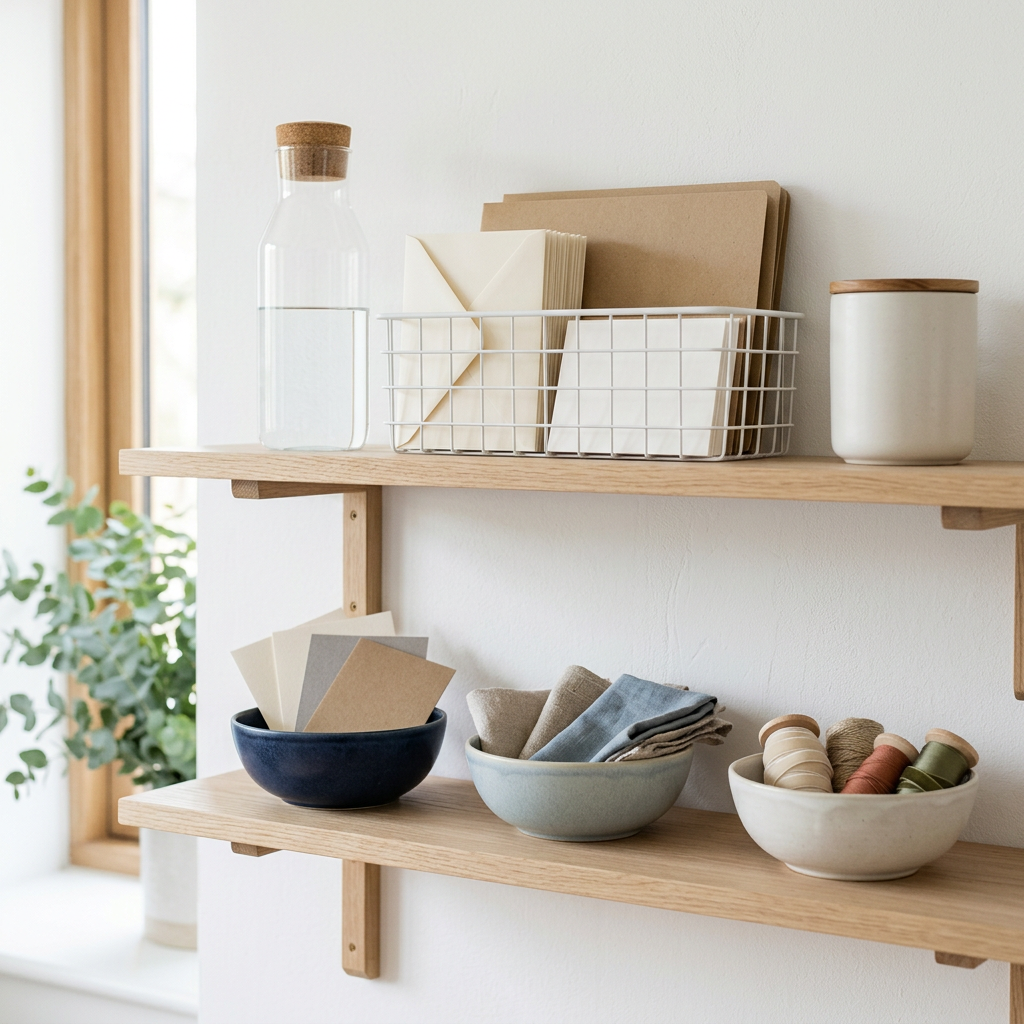 Pale wood shelves holding a wire basket of cream envelopes, bowls of paper and linen swatches, and spools of ribbon